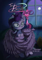 Size: 1024x1448 | Tagged: alicorn, artist:calena, bed, bedroom, broken horn, commission, crying, derpibooru import, fanfic, fanfic art, fanfic cover, fanfic:the broken bond, folded wings, hug, kite, magic, moon, moonlight, night, sad, semi-grimdark, sitting, starlight glimmer, title, traumatized, twilight sparkle, twilight sparkle (alicorn), window, winghug, wings