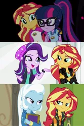 Size: 1703x2560 | Tagged: safe, derpibooru import, edit, edited screencap, screencap, sci-twi, starlight glimmer, sunset shimmer, trixie, twilight sparkle, equestria girls, equestria girls series, forgotten friendship, legend of everfree, mirror magic, spoiler:eqg specials, beanie, hat, sunset shimmer gets all the mares