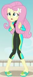 Size: 405x925 | Tagged: safe, derpibooru import, screencap, fluttershy, equestria girls, equestria girls series, forgotten friendship, beach, clothes, cropped, feet, female, flip-flops, open mouth, pier, sandals, solo, swimsuit, wetsuit