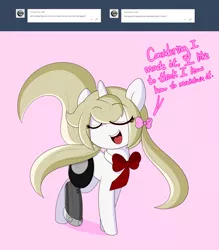 Size: 3500x4000 | Tagged: safe, artist:fullmetalpikmin, derpibooru import, oc, oc:cherry blossom, unofficial characters only, pony, unicorn, tumblr:ask viewing pleasure, amputee, ask, bow, eye clipping through hair, eyes closed, female, hair bow, mare, pigtails, pink background, prosthetic limb, prosthetics, simple background, tumblr, twintails