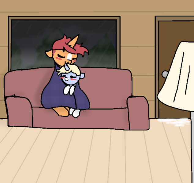 Size: 750x710 | Tagged: artist:nootaz, blanket, couch, derpibooru import, gametaz, oc, oc:game guard, oc:nootaz, rain, safe, tree, unofficial characters only, window