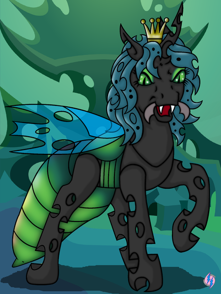 Size: 920x1227 | Tagged: alternate design, artist:princesshighmist, changeling, changeling queen, chrysalis' throne, crown, derpibooru import, g1, g4, g4 to g1, generation leap, jewelry, mandibles, queen chrysalis, raised hoof, regalia, reimagine, safe