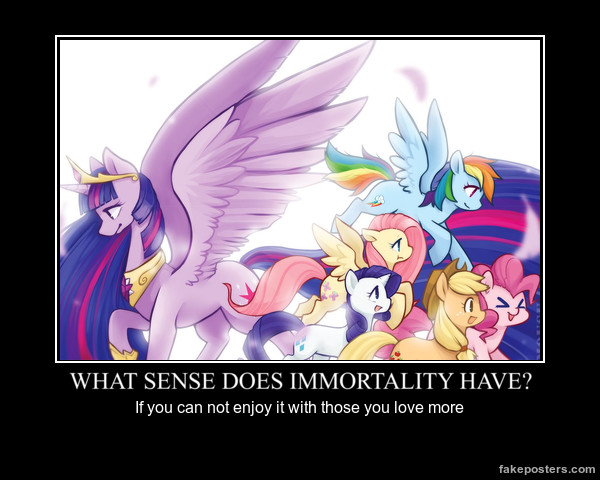 Size: 600x480 | Tagged: safe, artist:mousu, derpibooru import, applejack, fluttershy, pinkie pie, princess twilight 2.0, rainbow dash, rarity, twilight sparkle, twilight sparkle (alicorn), alicorn, earth pony, pegasus, pony, unicorn, crown, demotivational poster, destiny, female, frustration, future, hoof shoes, immortality, immortality blues, jewelry, mane six, mare, meme, older, peytral, poster, regalia, twilight will outlive her friends, ultimate twilight