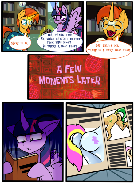 Size: 1600x2200 | Tagged: suggestive, artist:rimmi1357, derpibooru import, sunburst, twilight sparkle, twilight sparkle (alicorn), alicorn, pony, unicorn, book, comic, curved horn, female, krusty love, male, mare, plot, pun, spongebob squarepants, spongebob time card, stallion