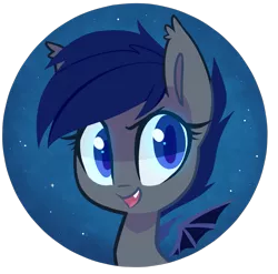 Size: 981x971 | Tagged: safe, artist:meekcheep, derpibooru import, oc, oc:shift, unofficial characters only, bat pony, badge, bat chat, bat pony oc, bat wings, bust, button, colored pupils, cute, cute little fangs, ear fluff, ear tufts, fangs, female, looking at you, mare, night, night sky, open mouth, portrait, sky, smiling, solo, spread wings, teeth, wings