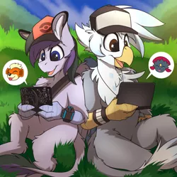 Size: 1543x1539 | Tagged: safe, artist:meggchan, derpibooru import, oc, oc:ganix, oc:vintage collection, unofficial characters only, growlithe, gryphon, hippogriff, weavile, 3ds, bracelet, claws, clothes, commission, cosplay, costume, cute, fluffy, gaming, grass, hat, jewelry, male, nintendo, open mouth, pictogram, pokémon, smiling, talons, video game, wristband