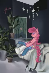 Size: 1200x1780 | Tagged: artist:xjenn9, bed, braided ponytail, braided tail, clothes, derpibooru import, eyeshadow, makeup, pinkie pie, potted plant, safe, socks, thigh highs
