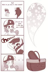 Size: 1600x2400 | Tagged: 4koma, artist:an-m, basket, comic, derpibooru import, dialogue, empty eyes, hat, monochrome, oc, oc:genoveva, oc:mayni, raised hoof, safe, unofficial characters only