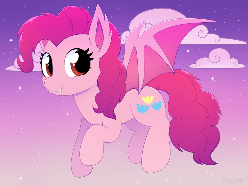 Size: 4000x3000 | Tagged: safe, artist:moozua, derpibooru import, pinkie pie, bat, bat pony, pony, bat ponified, cloud, cute, cute little fangs, diapinkes, digital art, fangs, female, flying, high res, looking at you, mare, pinkiebat, race swap, red eyes, smiling, solo, stars