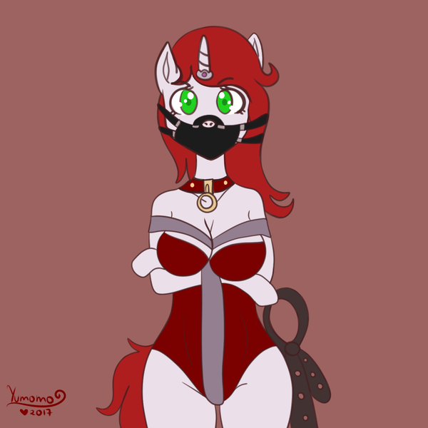 Size: 1280x1280 | Tagged: anthro, arm hooves, artist:yumomochan, bondage, breasts, collar, crotch strap, derpibooru import, female, femsub, gag, horn ring, latex, latex leotard, latex suit, magic suppression, muzzle gag, oc, oc:siram cotoran, rubber, rubber pony, submissive, suggestive