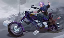 Size: 1023x610 | Tagged: artist:sunset tide, badass, biker, boots, breasts, chopper, clothes, dead source, derpibooru import, fingerless gloves, gilda, gloves, human, humanized, looking back, motorcycle, pants, raised fist, safe, shoes, smiling, solo focus