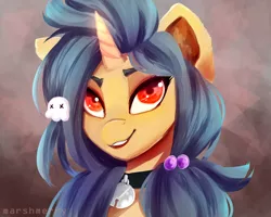 Size: 3000x2400 | Tagged: safe, artist:skylacuna, derpibooru import, oc, unofficial characters only, pony, unicorn, bell, bell collar, blue hair, blue mane, bust, choker, collar, digital art, female, hair accessory, mare, orange eyes, portrait, smiling, solo, yellow coat