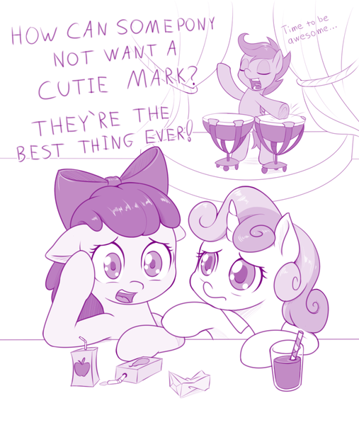 Size: 800x947 | Tagged: safe, artist:dstears, derpibooru import, apple bloom, scootaloo, sweetie belle, earth pony, pegasus, pony, unicorn, marks and recreation, bendy straw, bipedal, chocolate, chocolate milk, cutie mark crusaders, dialogue, drink, drinking straw, drums, existential crisis, eyes closed, female, filly, food, juice, juice box, milk, monochrome, open mouth, purple, scootadrum, simple background, singing, song reference, time to be awesome, timpani, trio, trio female, white background