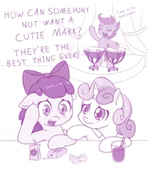 Size: 800x947 | Tagged: safe, artist:dstears, derpibooru import, apple bloom, scootaloo, sweetie belle, earth pony, pegasus, pony, unicorn, marks and recreation, bendy straw, bipedal, chocolate, chocolate milk, cutie mark crusaders, dialogue, drink, drinking straw, drums, existential crisis, eyes closed, female, filly, food, juice, juice box, milk, monochrome, open mouth, purple, scootadrum, simple background, singing, song reference, time to be awesome, timpani, trio, trio female, white background