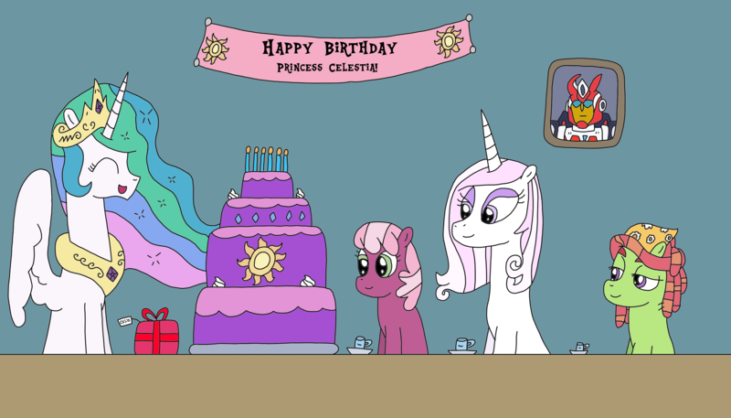 Size: 3284x1874 | Tagged: safe, artist:supahdonarudo, derpibooru import, cheerilee, fleur-de-lis, princess celestia, tree hugger, banner, birthday, cake, candle, cup, food, nicole oliver, nitro convoy, override, present, teacup, transformers, voice actor joke