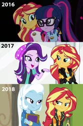 Size: 1703x2560 | Tagged: safe, derpibooru import, edit, edited screencap, screencap, sci-twi, starlight glimmer, sunset shimmer, trixie, twilight sparkle, equestria girls, equestria girls series, forgotten friendship, legend of everfree, mirror magic, spoiler:eqg specials, beanie, counterparts, female, glasses, hat, lesbian, scitwishimmer, shimmerglimmer, shipping, sunset shimmer gets all the mares, sunsetsparkle, suntrix, twilight's counterparts