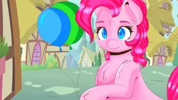 Size: 1920x1080 | Tagged: safe, artist:milkymitsuki, derpibooru import, pinkie pie, earth pony, pony, balloon, choker, female, looking at you, mare, ponyville, solo