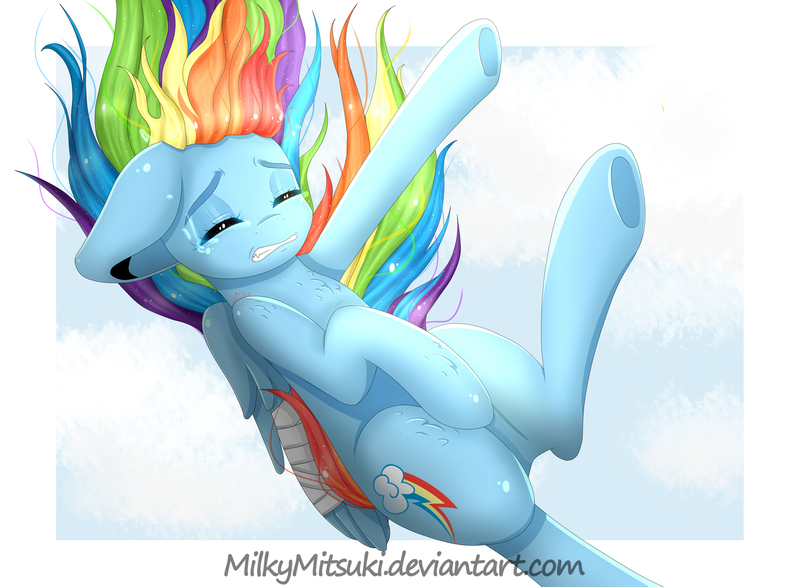 Size: 4091x3000 | Tagged: safe, artist:milkymitsuki, derpibooru import, rainbow dash, pegasus, pony, bandage, cloud, crying, female, mare, sad, solo