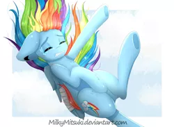 Size: 4091x3000 | Tagged: safe, artist:milkymitsuki, derpibooru import, rainbow dash, pegasus, pony, bandage, cloud, crying, female, mare, sad, solo