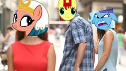 Size: 1564x880 | Tagged: angry, derpibooru import, distracted boyfriend meme, exploitable meme, image macro, meme, oc, oc:sethisto, safe, somnambula, trixie