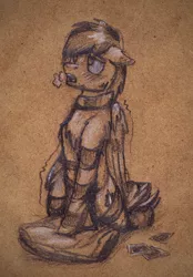 Size: 594x854 | Tagged: suggestive, artist:toanderic, derpibooru import, oc, oc:storm feather, unofficial characters only, pegasus, pony, blushing, clothes, floppy ears, male, pillow, scarf, socks, solo, stallion, striped socks, traditional art