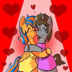 Size: 576x576 | Tagged: source needed, safe, artist:pembroke, derpibooru import, oc, oc:cold front, oc:disty, unofficial characters only, pegasus, pony, unicorn, clothes, crossdressing, cute, dress, gay, happy, heart, holiday, hug, love, male, oc x oc, shipping, smiling, valentine, valentine's day