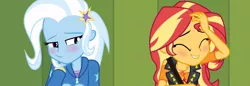 Size: 3073x1051 | Tagged: safe, derpibooru import, edit, edited screencap, screencap, sunset shimmer, trixie, equestria girls, equestria girls series, blushing, female, lesbian, shipping, smiling, suntrix