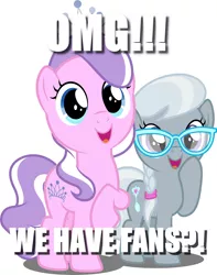 Size: 3946x5000 | Tagged: safe, artist:dashiesparkle, derpibooru import, diamond tiara, silver spoon, earth pony, pony, adorabullies, cute, duo, duo female, excited, fans, female, filly, image macro, meme, omg, open mouth, raised hoof, silverbetes, smiling