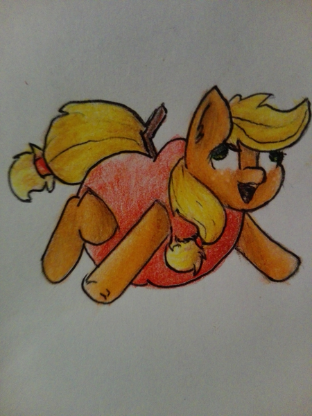Size: 1024x1366 | Tagged: safe, artist:lilrandum, derpibooru import, applejack, pony, apple, applejack becoming an apple, clothes, costume, derp, female, food, food costume, giant apple, happy, mare, open mouth, shading, silly, silly pony, smiling, solo, traditional art, who's a silly pony