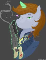 Size: 2550x3300 | Tagged: safe, artist:mongol, derpibooru import, oc, oc:littlepip, unofficial characters only, pony, unicorn, fallout equestria, fanfic, bust, clothes, fanfic art, female, glowing horn, gray background, gun, handgun, heart, horn, kissing, levitation, little macintosh, magic, mare, one eye closed, optical sight, portrait, revolver, simple background, smoke, smoking gun, solo, telekinesis, vault suit, weapon