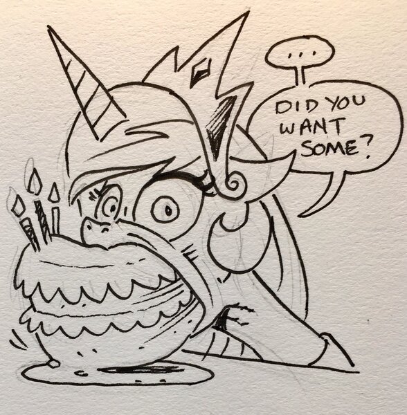 Size: 1004x1024 | Tagged: safe, artist:andypriceart, derpibooru import, princess celestia, alicorn, pony, ..., andy you magnificent bastard, cake, cakelestia, cute, eating, female, food, gentlemen, looking at you, majestic as fuck, mare, monochrome, nom, sillestia, silly, solo, speech bubble, this will end in weight gain, traditional art