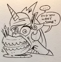 Size: 1004x1024 | Tagged: safe, artist:andypriceart, derpibooru import, princess celestia, alicorn, pony, ..., andy you magnificent bastard, cake, cakelestia, cute, eating, female, food, gentlemen, looking at you, majestic as fuck, mare, monochrome, nom, sillestia, silly, solo, speech bubble, this will end in weight gain, traditional art