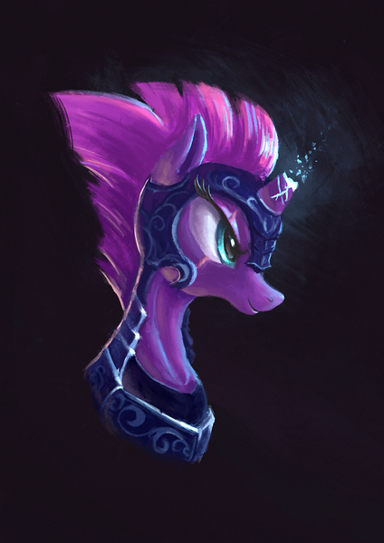 Size: 930x1316 | Tagged: safe, artist:plainoasis, derpibooru import, tempest shadow, pony, unicorn, my little pony: the movie, armor, black background, broken horn, bust, eye scar, female, helmet, horn, magic, mare, royal guard, scar, simple background, smiling, solo, sparking horn, tempest becomes a royal guard