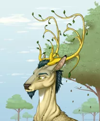 Size: 1200x1452 | Tagged: antlers, artist:dementra369, branches for antlers, cervine, deer, deer oc, derpibooru import, eikerren, facial hair, forest, goatee, leaves, male, non-pony oc, oc, oc:prince vernalis, original species, safe, unofficial characters only, wings