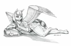 Size: 1400x926 | Tagged: anthro, artist:baron engel, breasts, clothes, derpibooru import, draw me like one of your french girls, egyptian, female, grayscale, looking at you, mare, monochrome, pegasus, pencil drawing, simple background, solo, solo female, somnambula, suggestive, traditional art, unguligrade anthro, wavy mouth, white background