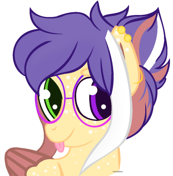 Size: 1022x1044 | Tagged: safe, artist:venomns, derpibooru import, oc, oc:cookie, pegasus, pony, bust, ear piercing, earring, female, glasses, heterochromia, jewelry, mare, piercing, portrait, simple background, solo, tongue out, transparent background