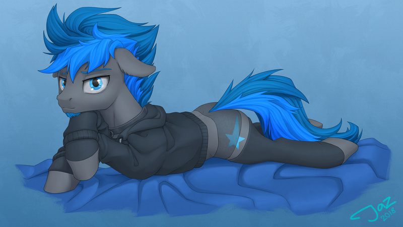 Size: 3840x2160 | Tagged: safe, artist:1jaz, derpibooru import, oc, oc:vibrant star, earth pony, pony, clothes, collar, colt, hoodie, looking at you, lying, male, panties, socks, underwear, ych result