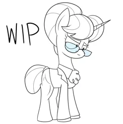 Size: 1285x1296 | Tagged: safe, artist:moonatik, derpibooru import, raven, unicorn, clothes, formal, glasses, hair bun, lidded eyes, lineart, pants, scrunchie, shirt, smiling, solo, suit, tail bun, wip