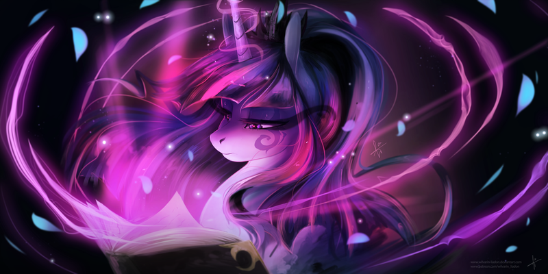 Size: 3464x1732 | Tagged: safe, artist:wilvarin-liadon, derpibooru import, twilight sparkle, pony, unicorn, book, corrupted, dark magic, darkness, evil, evil twilight, face markings, female, magic, mare, solo, spellbook