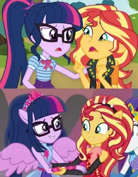 Size: 1600x2048 | Tagged: safe, artist:spottedlions, derpibooru import, edit, screencap, rarity, sci-twi, sunset shimmer, twilight sparkle, equestria girls, equestria girls series, forgotten friendship, comparison, crying, female, friendship, lesbian, ponied up, scitwishimmer, shipping, shipping fuel, sunsetsparkle, super ponied up