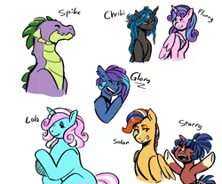 Size: 1810x1499 | Tagged: safe, artist:overlordneon, derpibooru import, princess flurry heart, spike, oc, oc:chriki, oc:glam rock, oc:lala bye, oc:solar flare, oc:starry night, alicorn, changeling, dragon, earth pony, pegasus, pony, unicorn, adult, adult spike, blaze (coat marking), changeling oc, coat markings, ear piercing, female, magical gay spawn, male, next generation, offspring, older, older spike, parent:flash sentry, parent:queen chrysalis, parent:sunburst, parents:flashburst, piercing, simple background, sisters, socks (coat marking), star (coat marking), white background