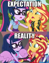 Size: 1600x2048 | Tagged: safe, artist:spottedlions, derpibooru import, edit, edited screencap, screencap, rarity, sci-twi, sunset shimmer, twilight sparkle, equestria girls, equestria girls series, forgotten friendship, comparison, crying, expectation vs reality, female, friendship, lesbian, ponied up, scitwishimmer, shipping, shipping fuel, sunsetsparkle, super ponied up