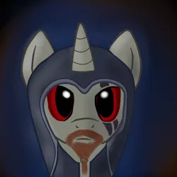 Size: 1024x1024 | Tagged: safe, artist:boushi33, derpibooru import, oc, unofficial characters only, pony, unicorn, bust, facial hair, goatee, hood, looking at you, male, portrait, red eyes, skyrim, solo, stallion, the elder scrolls