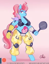 Size: 892x1155 | Tagged: anthro, artist:nekocrispy, clothes, cosplay, costume, cup cake, derpibooru import, ear piercing, female, frying pan, looking at you, milf, oven mitt, overwatch, patreon, patreon logo, piercing, pinkie pie, roadhog (overwatch), safe, solo, tattoo, unguligrade anthro