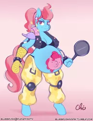 Size: 892x1155 | Tagged: alternate version, anthro, artist:nekocrispy, clothes, cosplay, costume, cup cake, derpibooru import, ear piercing, frying pan, looking at you, oven mitt, overwatch, piercing, pinkie pie, pregnant, roadhog (overwatch), safe, solo, tattoo, thick cup cake, unguligrade anthro