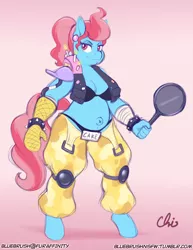 Size: 892x1155 | Tagged: alternate version, anthro, artist:nekocrispy, belly button, clothes, cosplay, costume, cup cake, derpibooru import, ear piercing, female, frying pan, looking at you, milf, oven mitt, overwatch, piercing, roadhog (overwatch), safe, solo, unguligrade anthro