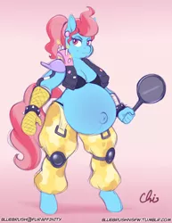 Size: 892x1155 | Tagged: alternate version, anthro, artist:nekocrispy, belly, belly button, big belly, clothes, cosplay, costume, cup cake, derpibooru import, ear piercing, frying pan, looking at you, oven mitt, overwatch, piercing, pregnant, roadhog (overwatch), safe, solo, thick cup cake, unguligrade anthro