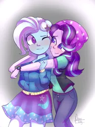 Size: 1024x1365 | Tagged: safe, artist:fluterloo, derpibooru import, starlight glimmer, trixie, equestria girls, mirror magic, spoiler:eqg specials, beanie, blushing, clothes, colored pupils, cute, diatrixes, female, glimmerbetes, hat, hoodie, hug, hug from behind, jeans, lesbian, looking at each other, one eye closed, pants, shipping, signature, skirt, startrix, watch, watermark