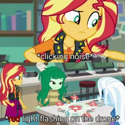 Size: 2048x2048 | Tagged: safe, derpibooru import, sunset shimmer, trixie, wallflower blush, equestria girls, equestria girls series, forgotten friendship, attention to detail, drone, invisible (song)