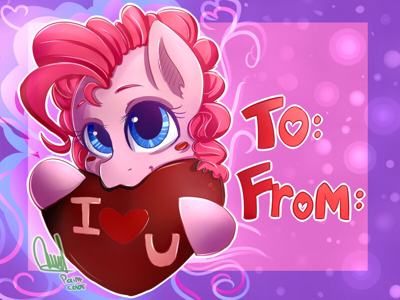 Size: 1280x960 | Tagged: safe, artist:paintcoloryt, derpibooru import, pinkie pie, earth pony, pony, blush sticker, blushing, chocolate, cute, diapinkes, ear fluff, female, food, heart, holiday, mare, nom, solo, valentine, valentine's day